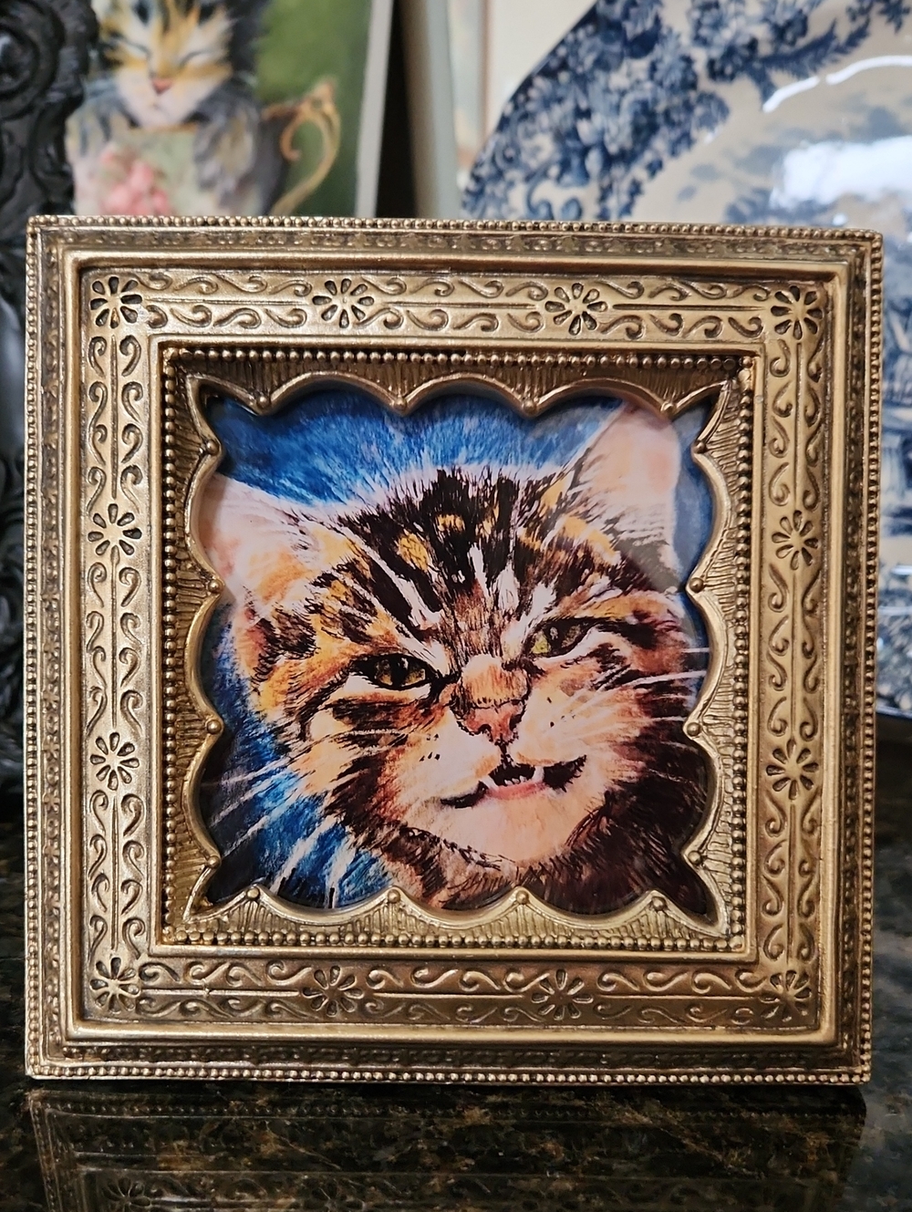 Gold Cat Print Photo Frame with Blue Accent - Decorative Pet Wall Art